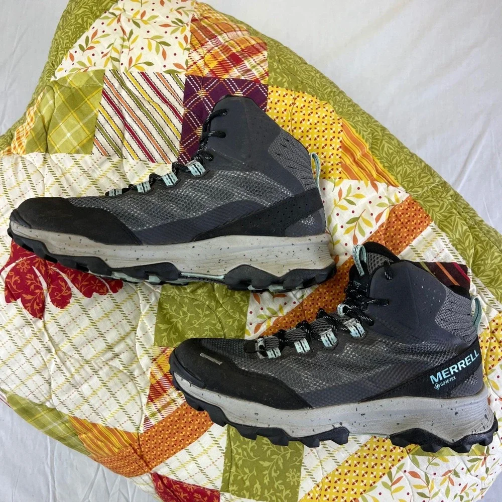 Merrell Womens Hiking Boots Gore Tex Gray Light Blue Sz 7 Waterproof Trail Shoes